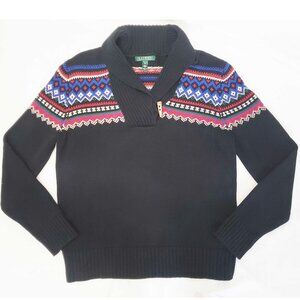 LAUREN RALPH LAUREN Womens Fair Isle Nordic Black Shawl Collar Cotton Sweater XL